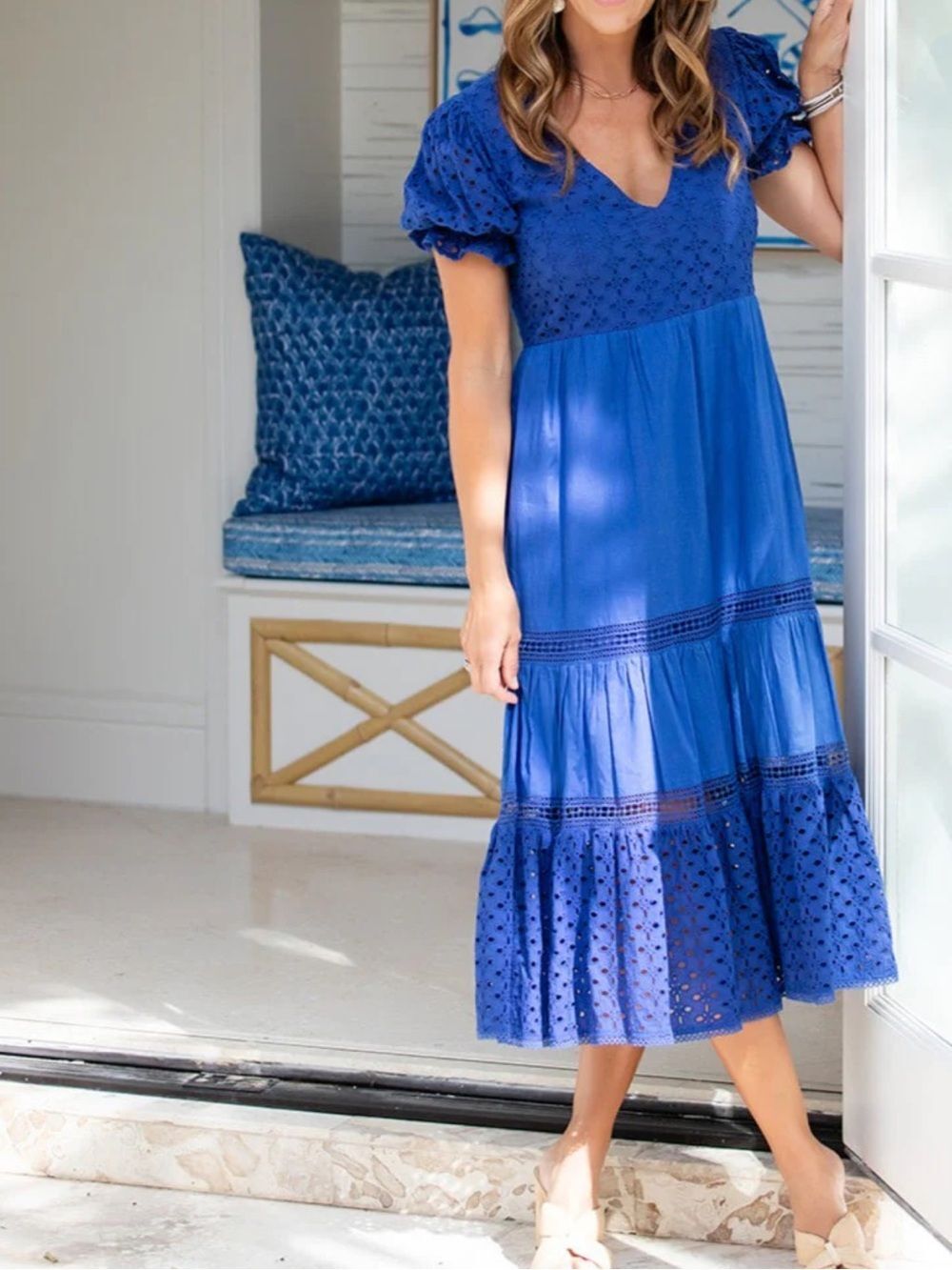 Walker & Wade Blue Eyelet Cotton Midi Dress XL Boho Cottagecore Resortwear Beach